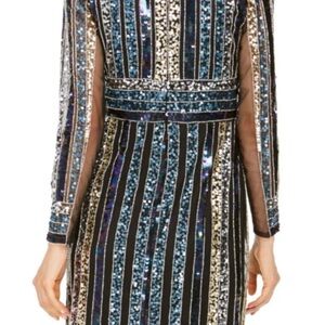 Adrianna Papell Gold and Black Sequin Long Sleeve Sheath Dress